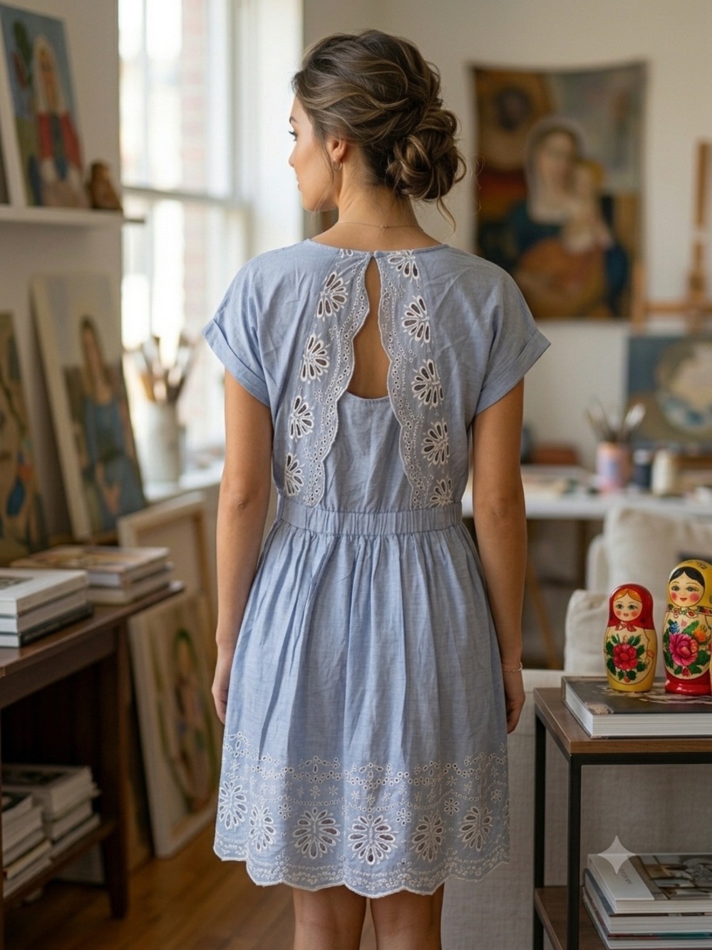 Promod Light Blue V-Neck Mini Dress with White Eyelet Hem